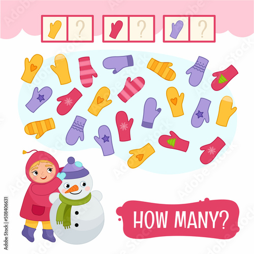 Counting educational children game, math kids activity sheet. How many objects task. Count how many mittens are pink, purple and yellow.
