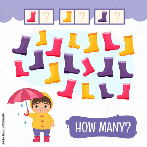 Counting educational children game, math kids activity sheet. How many objects task. Count how many rubber boots are pink, purple and yellow.
