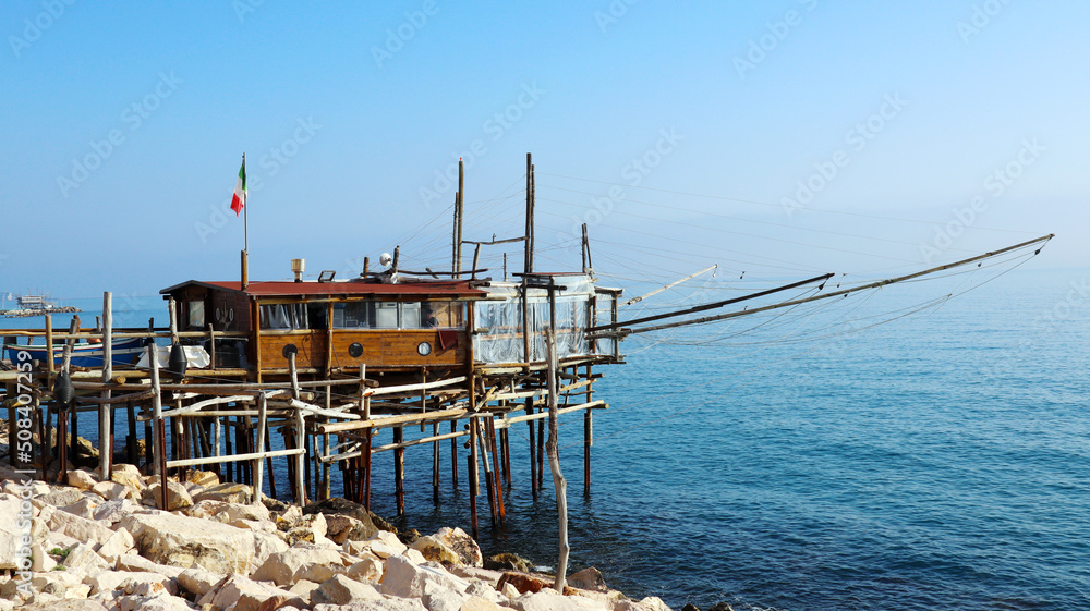 Coast of the Trabocchi, Trabocco in Marina di San Vito Chietino. The Trabocco is a traditional wooden fishing house on pilework typical of Adriatic sea, coast of Abruzzo, Italy