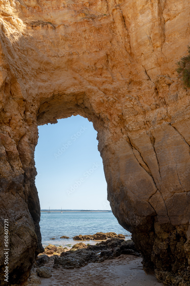 Panorama of the tourist Praia in Estudantes de Lagos in the Algarve, Portugal in the summer of 2022