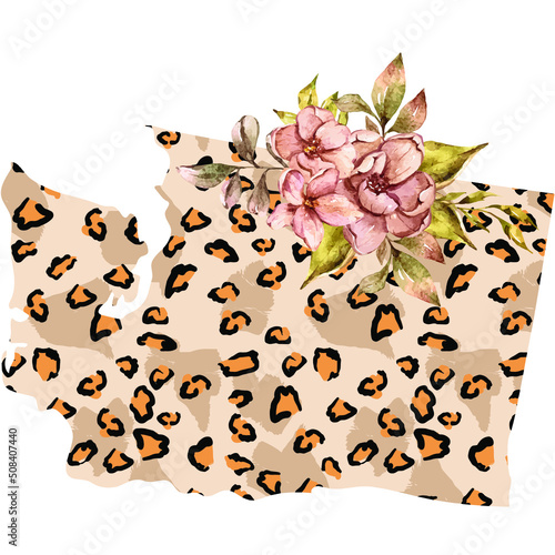 Floral USA Washington map decorated with watercolor flower bouquet isolated on a white background. Leopard skin pattern. United States of America map. Vector illustration