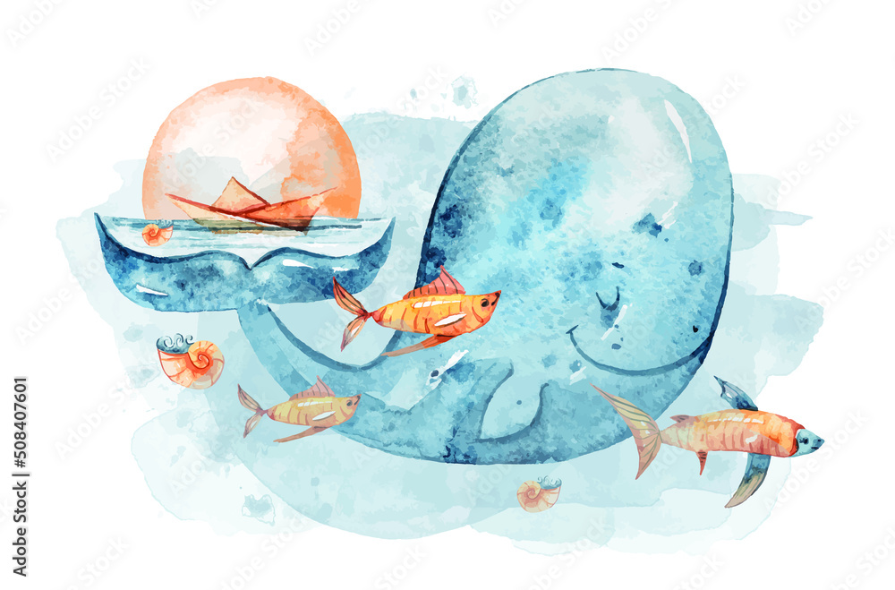 Watercolor vector fantasy cute sea animal illustration. Colorful children blue whale clipart on isolated white background. Can be used for sticker, print, sublimation, pattern