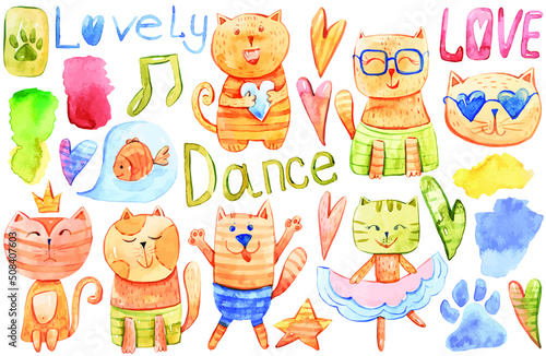 Cute lovely watercolor cartoon dancing cats clipart. Vector illustration set for kids stickers  patterns  prints  posters