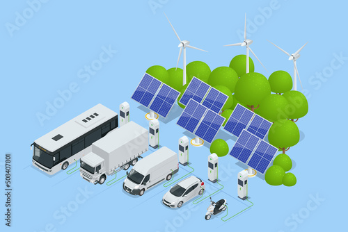 Isometric Car charger. Electromobile charging station. Car, bus, truck, van, motorcycle, on renewable solar wind energy in network grid.