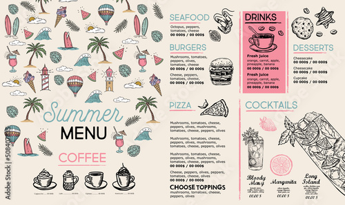 Summer menu, template design. Food flyer. Hand-drawn style. Vector illustration