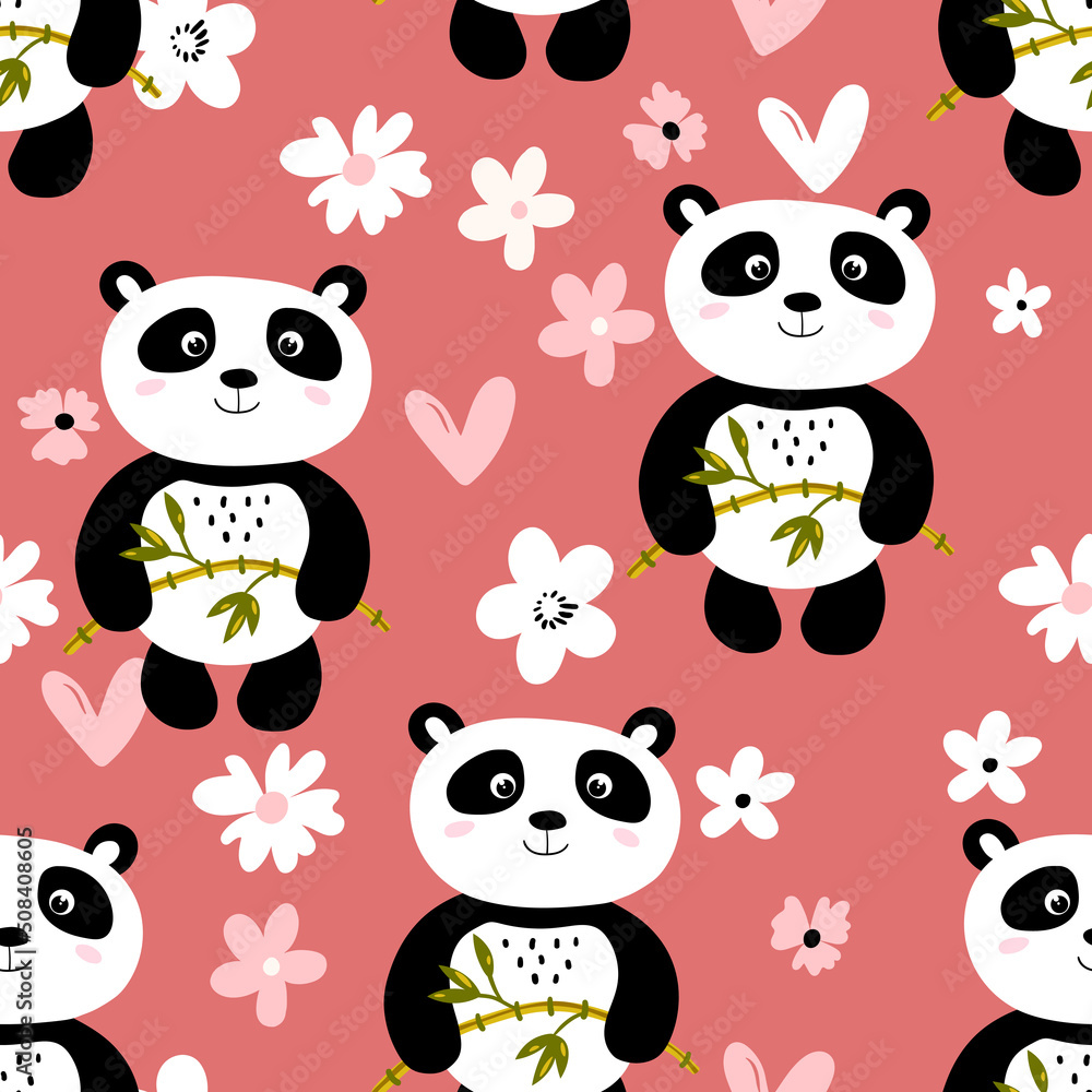 Obraz premium Seamless pattern with cute panda baby on color background. Funny asian animals. Card, postcards for kids. Flat vector illustration for fabric, textile, wallpaper, poster, gift wrapping paper