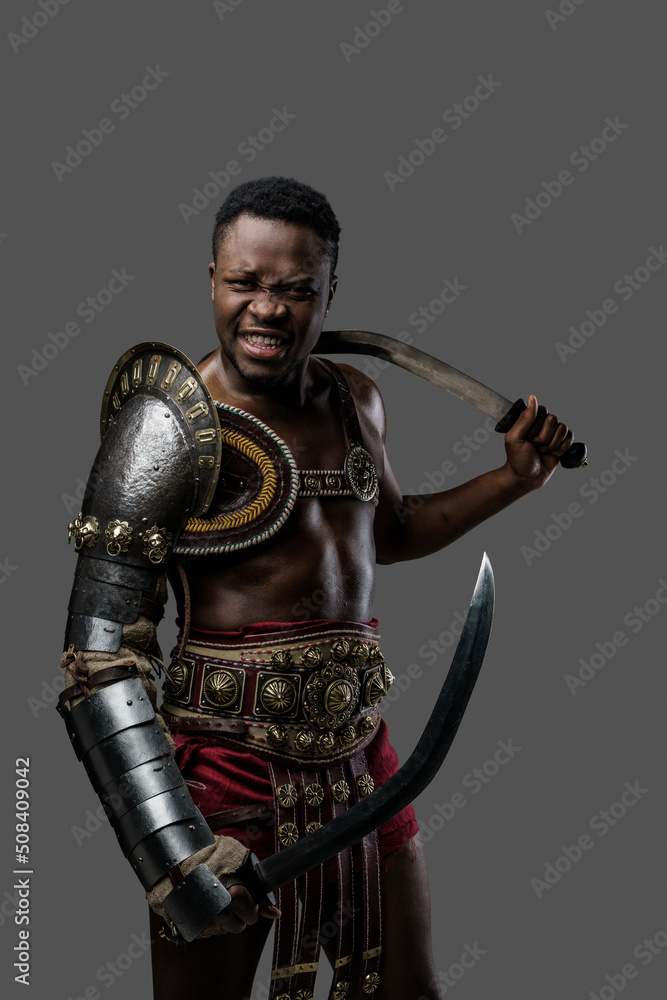 Photography of violent ancient gladiator of african ethnic screaming at camera.