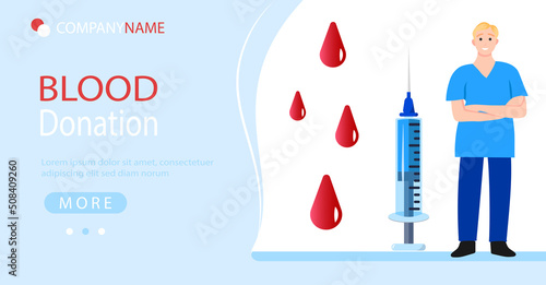 Blood donation website template. Vector colorful charity medical concept. Cartoon flat landing page.