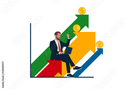 Businessman analysing financial and investment data, business planning and strategy. Financier with growth graph and progress of business.