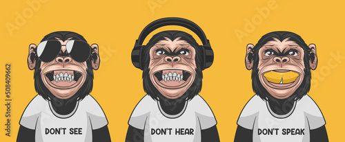 Dont See Dont Hear Dont Speak. Vector Smiling Chimpanzee Ape with Sunglasses, Headphones, Banana, Typography Quote. Funny Monkeys for Wall Art, T-shirt Print, Poster. Cartoon Cute Chimp Monkey