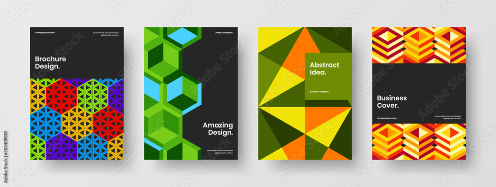 Minimalistic placard A4 design vector layout bundle. Vivid mosaic hexagons presentation illustration composition.