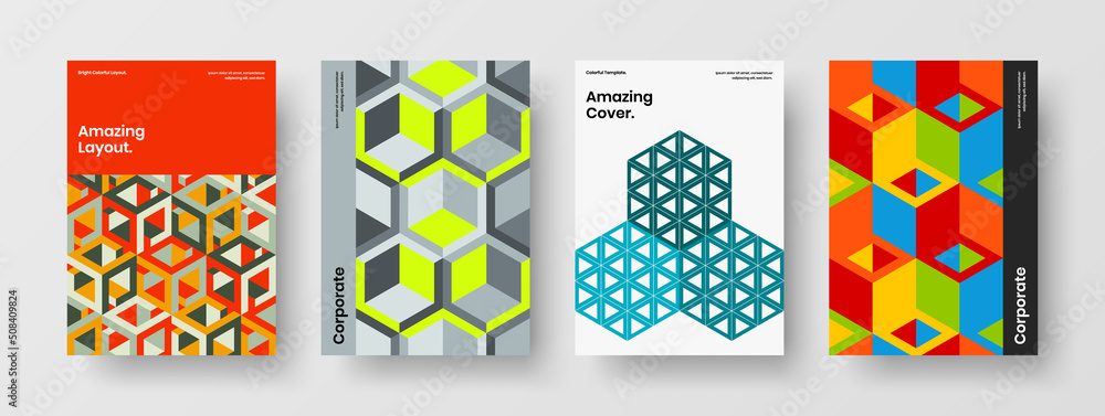 Original presentation A4 vector design concept bundle. Bright mosaic pattern catalog cover illustration collection.