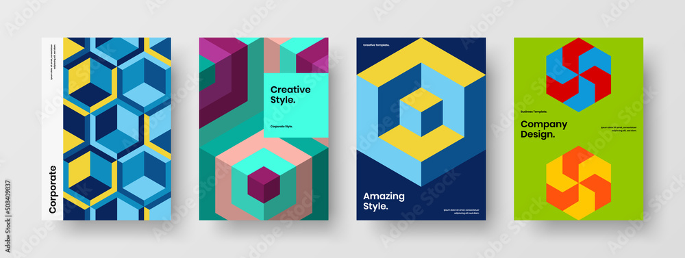Unique geometric tiles annual report layout set. Bright corporate cover A4 design vector concept collection.