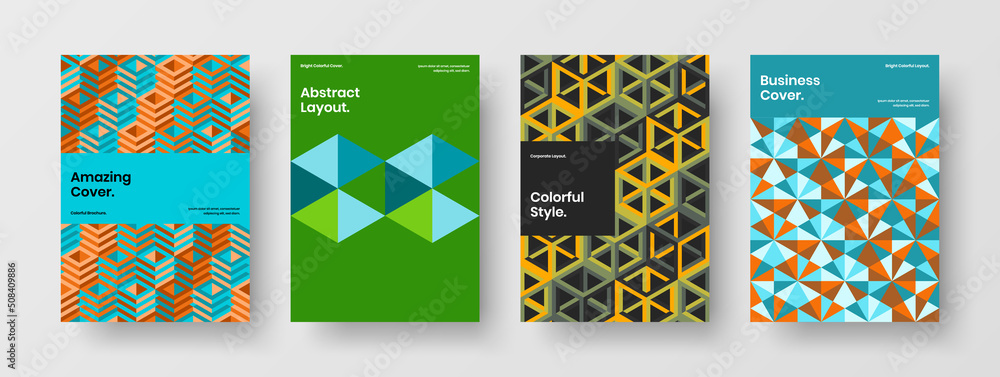 Colorful geometric hexagons pamphlet layout set. Clean cover A4 vector design concept composition. Colorful geometric hexagons pamphlet layout set. Clean cover A4 vector design concept composition.