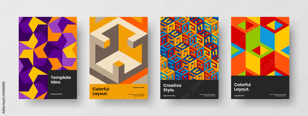 Trendy handbill A4 design vector concept composition. Original geometric pattern annual report template set.