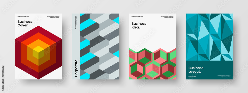 Creative corporate cover vector design concept composition. Simple mosaic hexagons leaflet layout collection.