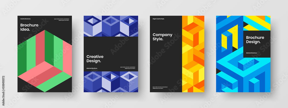Fresh presentation A4 vector design illustration set. Colorful geometric hexagons company identity concept composition.