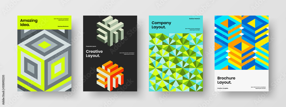 Abstract company brochure A4 vector design illustration bundle. Trendy geometric tiles corporate cover layout set.