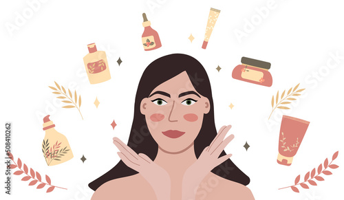Beautiful woman and her skin care products