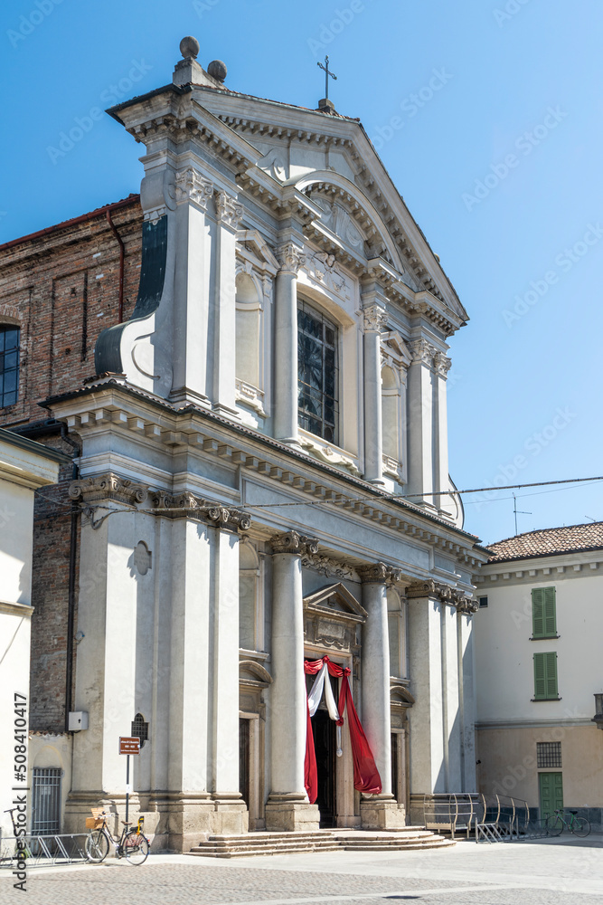 Façade of the church of Saint Benedict, built in the 17th century in Baroque style, in Garibaldi square, Crema city center, province of Cremona, Lombardy region, Italy