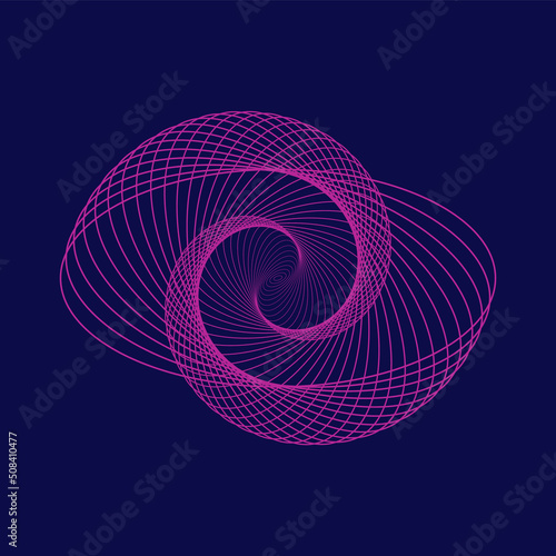 Abstract geometric background with spiral. Purple half circles on dark blue backdrop. Whirlpool linear concept. Circular wireframe mesh. Ellipse shape design element. Vector illustration, clip art