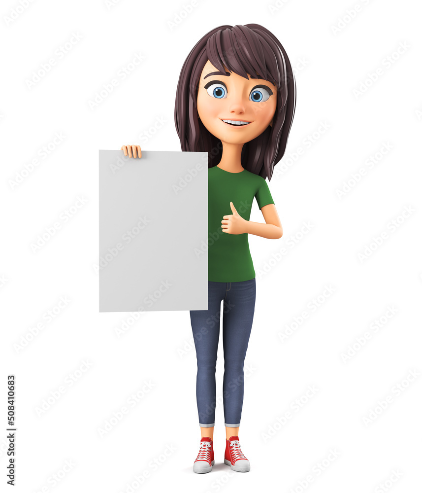 Cartoon character girl holding a blank board and showing thumbs up. 3d render illustration. Cartoon character girl holding a blank board and showing thumbs up. 3d render illustration.