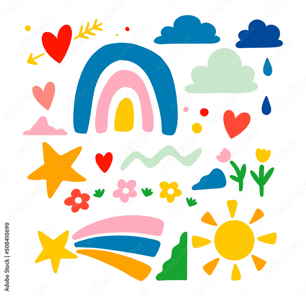 Hand-Drawn Doodle Cute Colorful Kids Art Collection with rainbow, stars, flowers, sun, clouds, rain vector set illustration