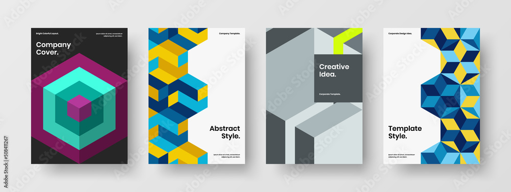 Vivid geometric pattern annual report layout bundle. Original catalog cover design vector template composition.