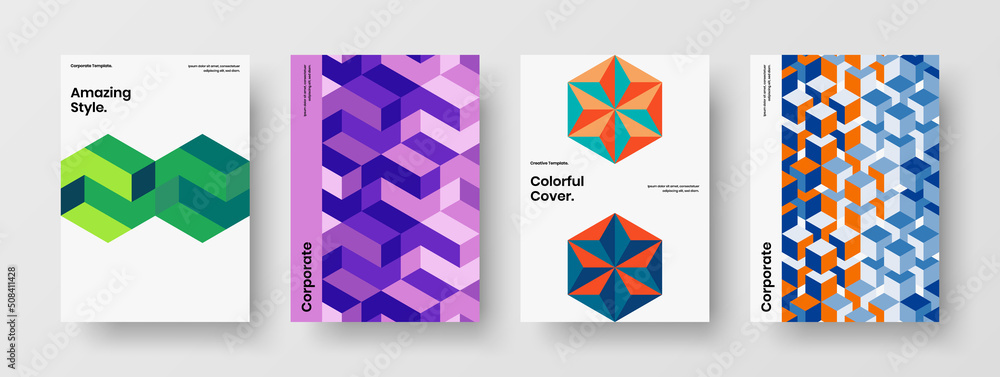 Multicolored flyer A4 design vector illustration set. Simple mosaic hexagons poster layout composition.