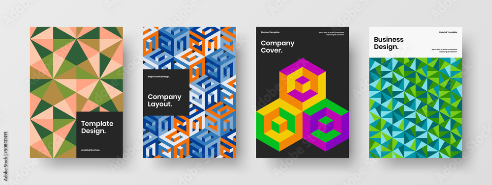 Simple mosaic tiles postcard illustration collection. Original cover A4 vector design concept set.