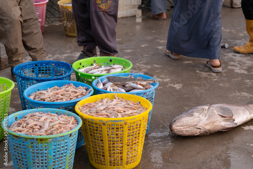 phohto of traditional fish market on the beach of basra river