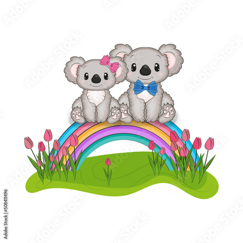 Canvas Print Two cute koalas are sitting on a rainbow