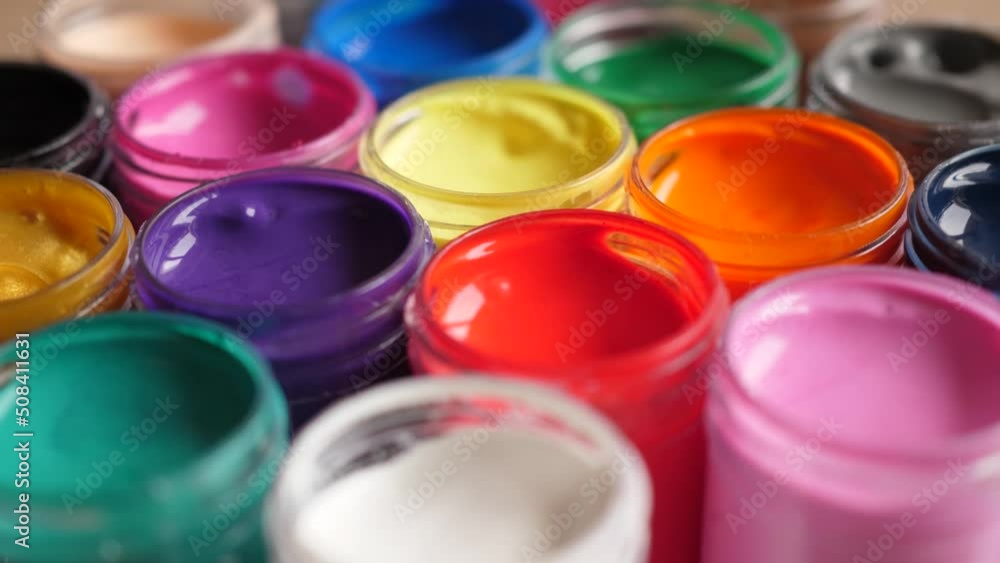 Set Gouache Paints in Jars Bright Color Close Up. Rotation Set of Multicolor Gouache on Plastic Jars. Rotation Multicolor Background. Background of Multi Colored Paint. Creative Drawing Art Hobby. Set Gouache Paints in Jars Bright Color Close Up. Rotation Set of Multicolor Gouache on Plastic Jars. Rotation Multicolor Background. Background of Multi Colored Paint. Creative Drawing Art Hobby.