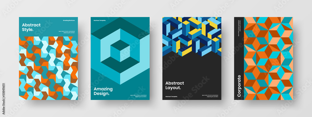 Creative company brochure A4 vector design concept composition. Fresh mosaic tiles pamphlet illustration collection.