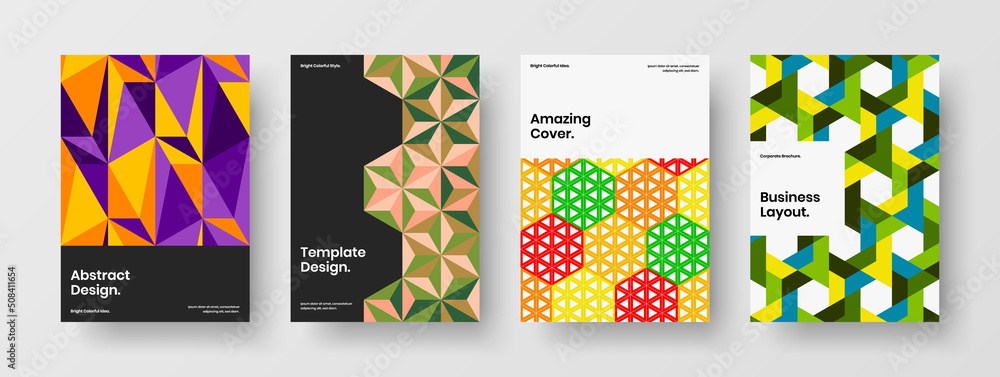 Bright mosaic shapes booklet layout bundle. Colorful annual report design vector illustration collection.