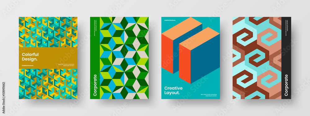 Multicolored flyer vector design template collection. Creative mosaic tiles placard illustration bundle.