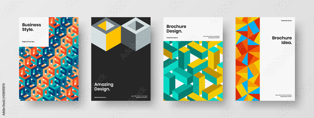 Fresh postcard design vector template collection. Clean geometric shapes front page layout bundle.