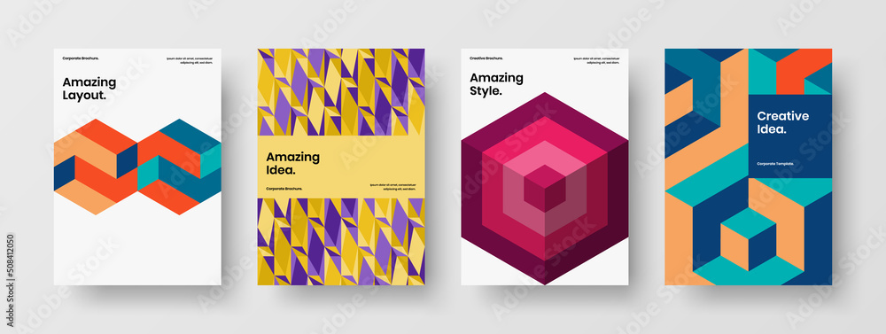 Minimalistic corporate identity A4 design vector concept bundle. Colorful geometric tiles brochure layout set.