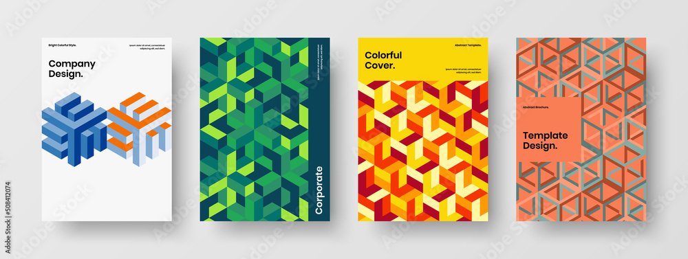 Unique front page A4 vector design concept set. Multicolored mosaic pattern brochure layout bundle.