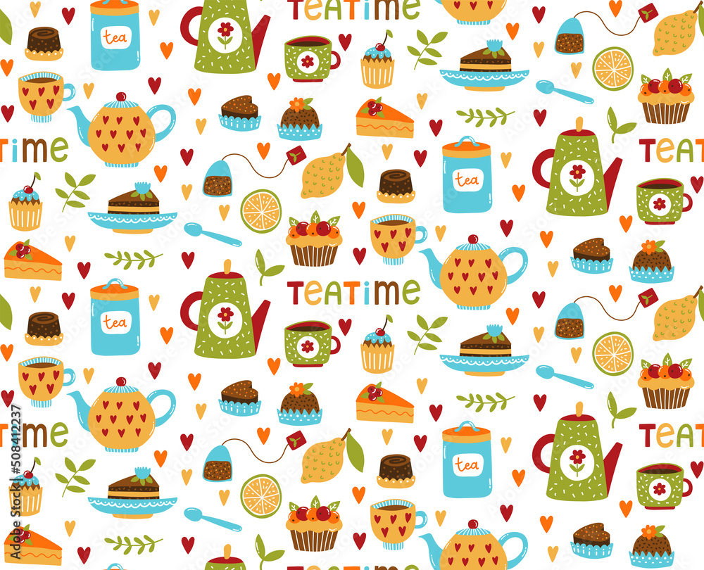 Cute tea time hot drink teapots cups and sweets desserts icons seamless vector pattern Cute tea time hot drink teapots cups and sweets desserts icons seamless vector pattern