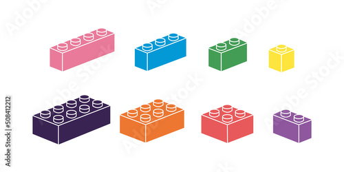 Set of colorful isometry plastic bricks. Building blocks for children construction kits. Children leisure games , preschool activities concept. Toy erector set . Hand drawn flat vector illustration. photo