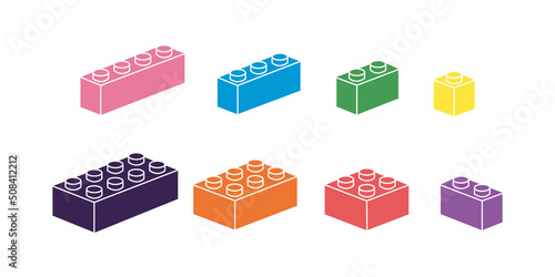 Set of colorful isometry plastic bricks. Building blocks for children construction kits. Children leisure games , preschool activities concept. Toy erector set . Hand drawn flat vector illustration.