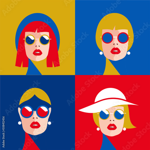 Set of Fashion portraits of a model girls with sunglasses.  T-shirt print. Vintage style