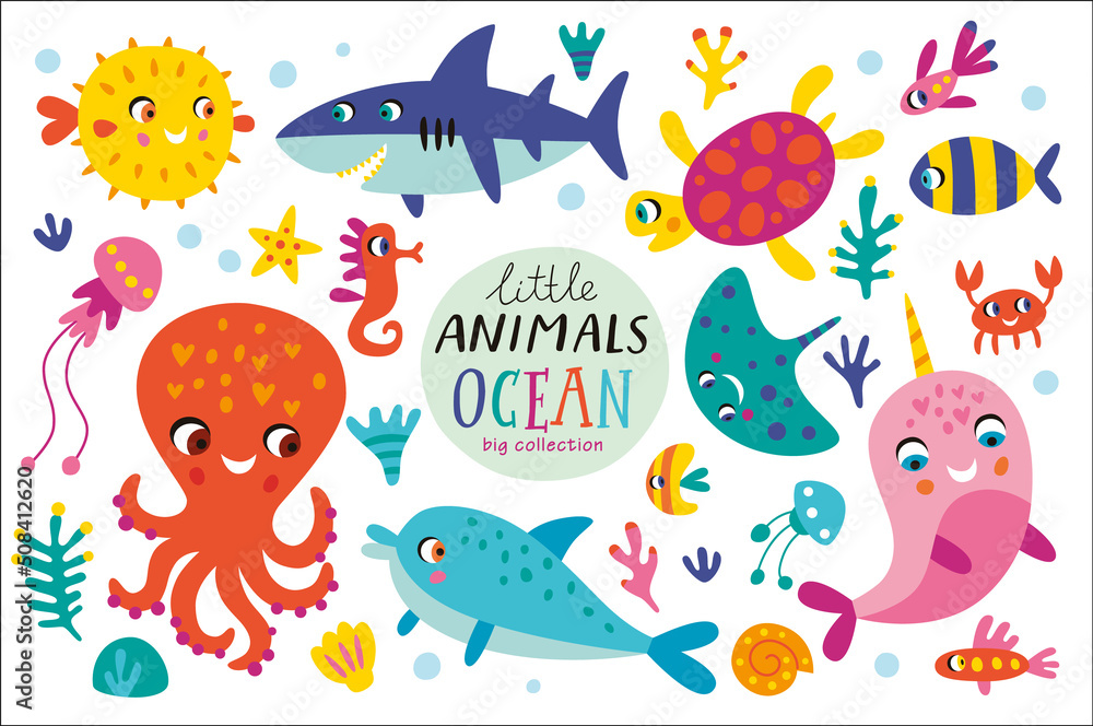 Naklejka premium Set with ocean creatures. Vector isolated illustrations on a white background.