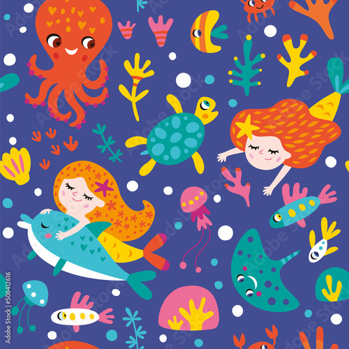 Seamless pattern with mermaids and ocean creatures for girl. Vector isolated illustrations on a dark background.