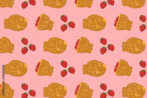 Sweet dessert Japanese food Taiyaki filled with strawberry paste pattern on pink background. Pattern design for food decoration, wrapping paper, Japanese dessert wallpaper. Flat vector illustration.