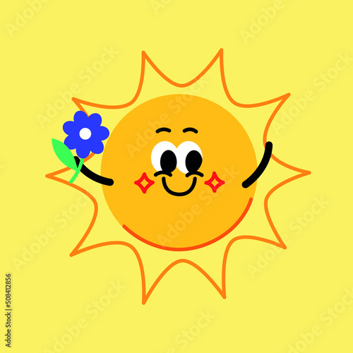 Cute shape illustration of the sun with a flower in his hand, which is pleased and rejoices