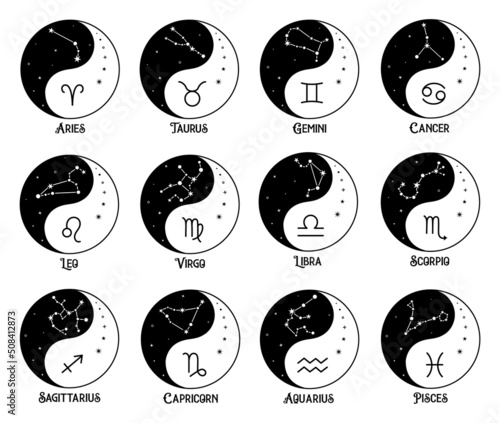 Zodiac signs, yin yang design with constellations. Set of monochrome silhouette symbols. Vector design concept with astrological zodiac signs names. Horoscope icon.