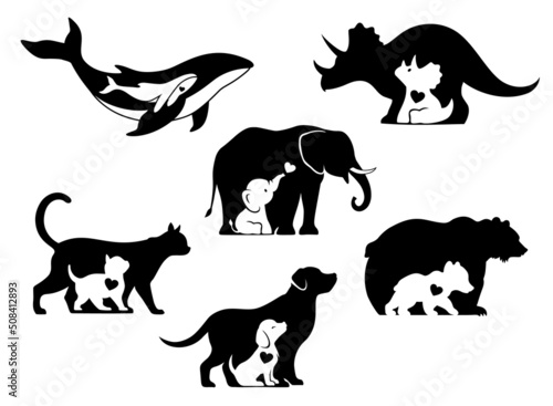 Mama and baby animals silhouette. Set of cute animals sign, logo, emblem or badge. Mom with baby symbol.