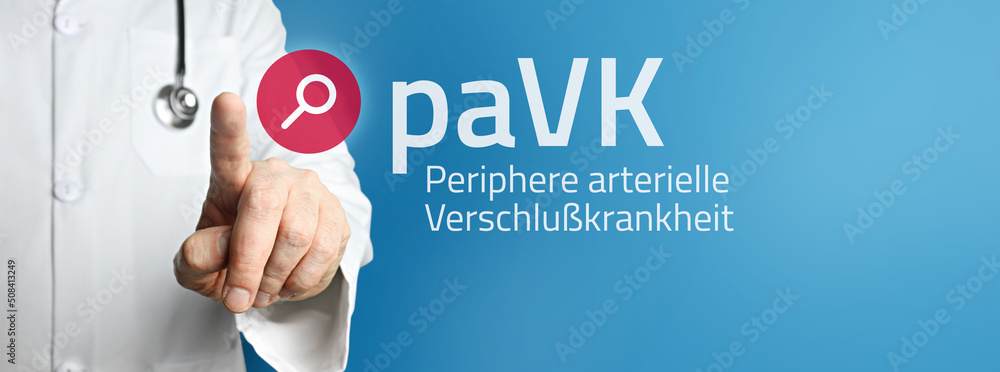 paVK (Periphere Arterielle Verschlußkrankheit). Arzt zeigt mit Finger auf Suchfeld im Internet. Text steht in der Suche. Blauer Hintergrund. Medizin, Gesundheitswesen paVK (Periphere Arterielle Verschlußkrankheit). Arzt zeigt mit Finger auf Suchfeld im Internet. Text steht in der Suche. Blauer Hintergrund. Medizin, Gesundheitswesen